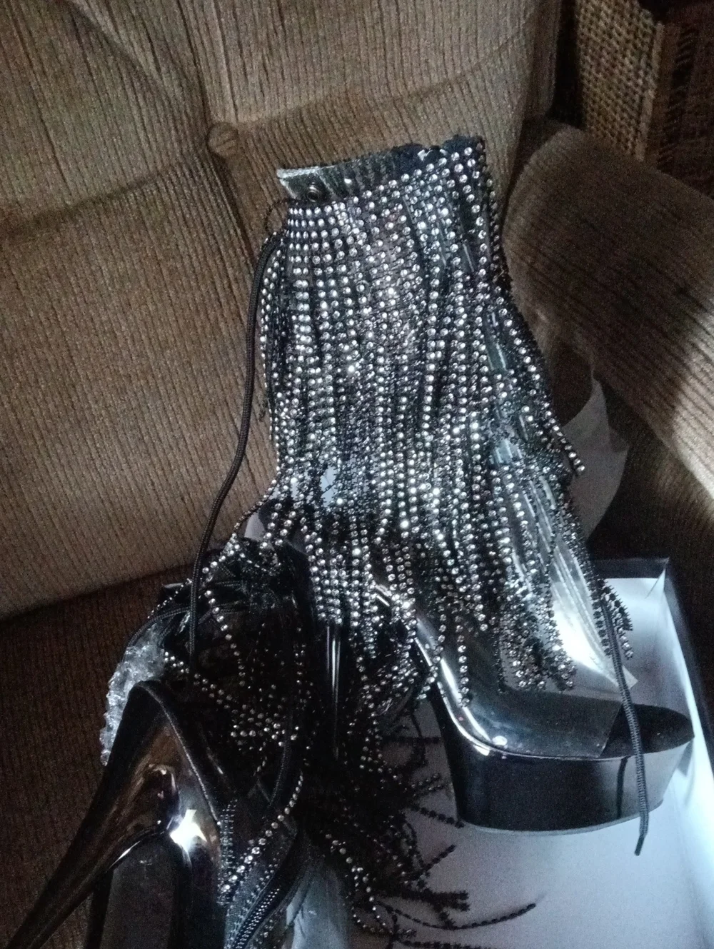 Pleaser Black Rhinestone Fringe Platform Heels